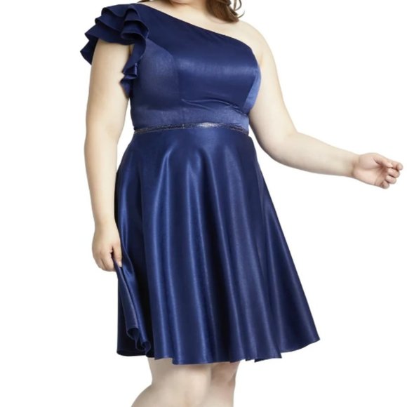 MAC DUGGAL ONE SHOULDER EMBELLISHED WAIST NAVY FIT & FLARE DRESS sz 22W - Picture 1 of 3